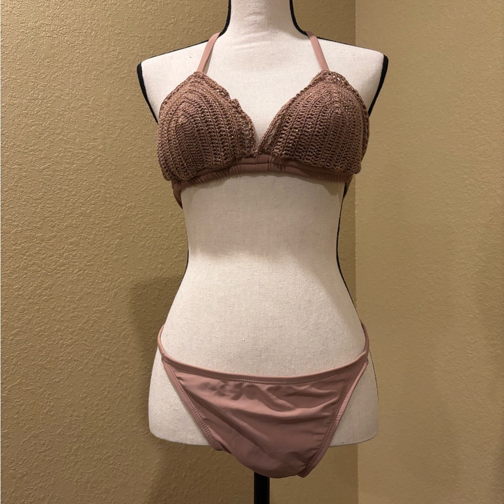Shade & Shore Elegant Brown Crochet Bikini Set